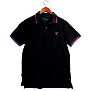 Size M | AMERICAN EAGLE Men's Athletic Fit Polo | Black Pink/Blue Trim